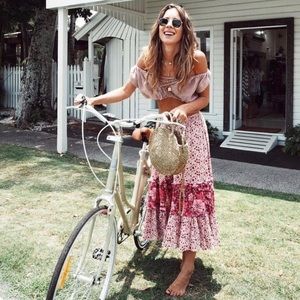 Spell & The Gypsy Winona Ruffled Full Midi Skirt in Pink Berry size Small